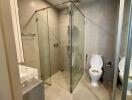 Modern bathroom with glass shower enclosure and toilet