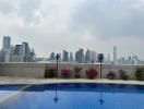 Rooftop area with a swimming pool and city skyline view