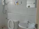 Bathroom with toilet, sink, shower, and decorative tiles