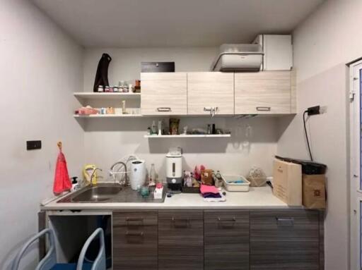 Modern kitchen with various appliances and storage shelves