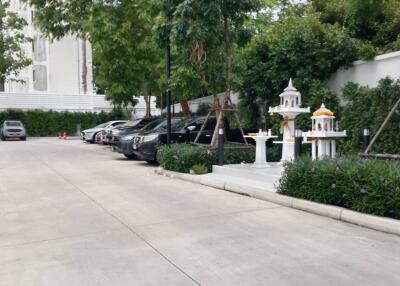 Parking area with several parked cars and greenery