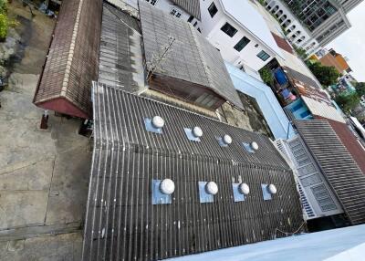 Aerial view of rooftops in a residential area