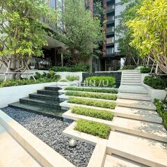 Modern outdoor area with greenery and tiered steps