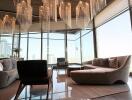 Spacious and luxurious living room with modern chandeliers and large windows