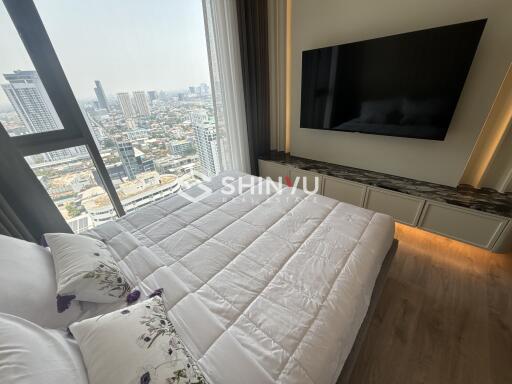 Modern bedroom with large window and city view