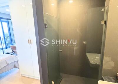 Modern bathroom with glass shower enclosure