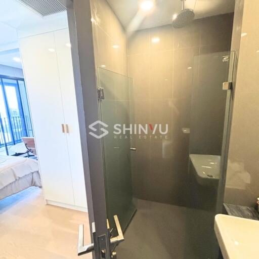 Modern bathroom with glass shower enclosure