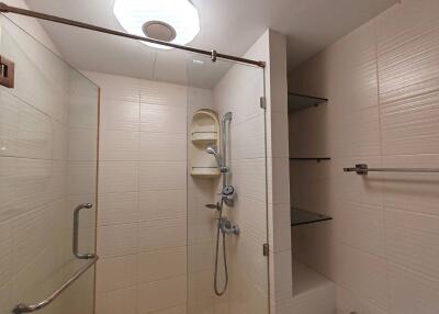 Shower area with glass door and shelves