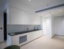 Modern minimalist kitchen with white cabinets and black counter