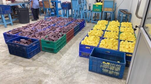 room with stacked plastic crates filled with brown and yellow sponge blocks