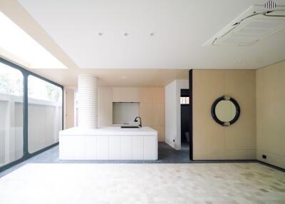 Modern white kitchen with island and large windows