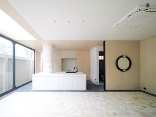 Modern white kitchen with island and large windows