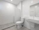 Modern white bathroom with large mirror and walk-in shower