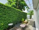 Outdoor patio area with greenery