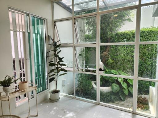 Bright living room with large windows overlooking greenery