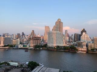 View of city skyline with river