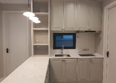 Modern kitchen with white cabinetry and pendant lighting