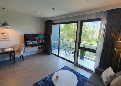 Modern living room with balcony view