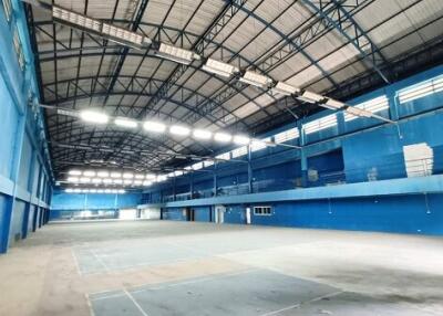 Indoor sports facility with high ceilings and blue walls