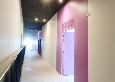 Brightly lit corridor with purple and white walls