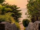 Stone pathway leading to a beach during sunset