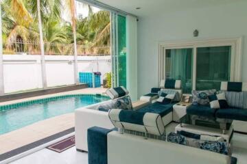 Modern living room with pool view