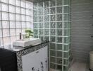 Modern bathroom with glass block shower