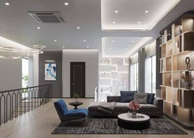 Modern spacious living room with stylish furniture and advanced lighting