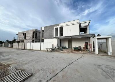 Exterior of a modern two-story house under construction