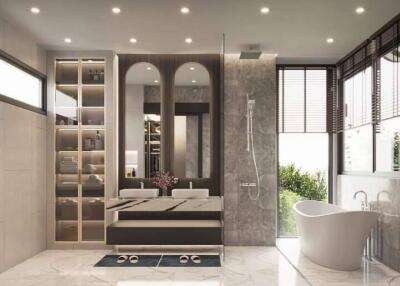 Modern bathroom with double sinks, shower, and separate bathtub