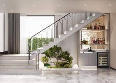 Modern interior with staircase, indoor garden, and home bar