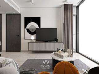 Modern living room with TV, decorative elements, and large windows