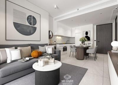 Modern living area with integrated kitchen and dining space