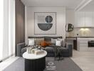 Modern living room with a grey sofa, abstract wall art, and a kitchen