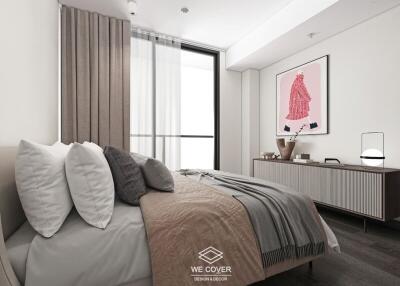 Modern bedroom with large window, contemporary decor and artwork