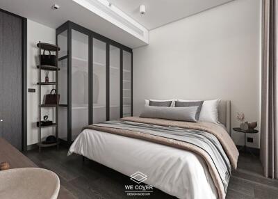 Modern bedroom with glass-panel wardrobe