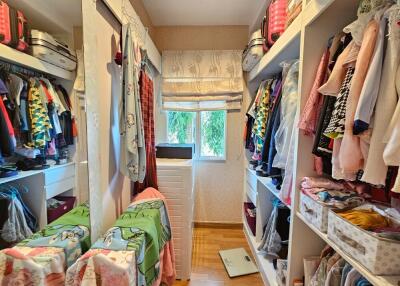 Spacious walk-in closet with ample storage on both sides, organized with clothes and accessories, featuring a window with a view.