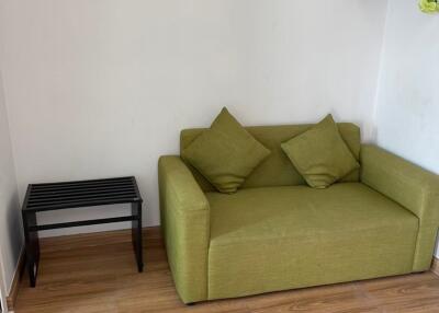 Cozy living room with green couch and wooden floor