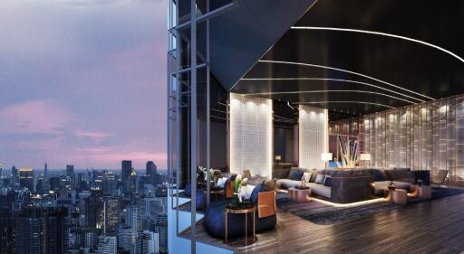 Modern living room with cityscape view