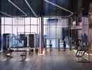 Modern high-rise gym with city skyline view