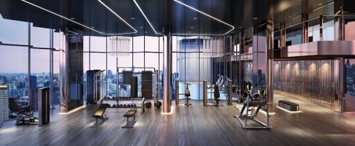 Modern high-rise gym with city skyline view