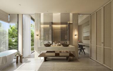 Luxurious bathroom with large window, double sinks, and freestanding bathtub