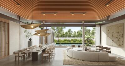 Spacious living room with dining area and view of the backyard