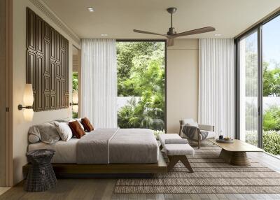 Modern bedroom with large windows and outdoor view