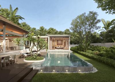 Modern backyard with pristine swimming pool and lush greenery