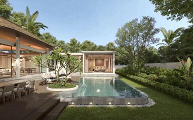 Modern backyard with pristine swimming pool and lush greenery