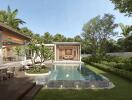 Modern backyard with pristine swimming pool and lush greenery