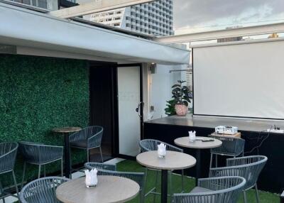 Rooftop seating area with city views