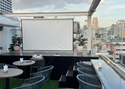 Rooftop with city view and seating area