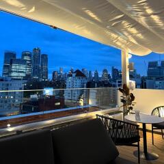 Evening view from balcony with city skyline